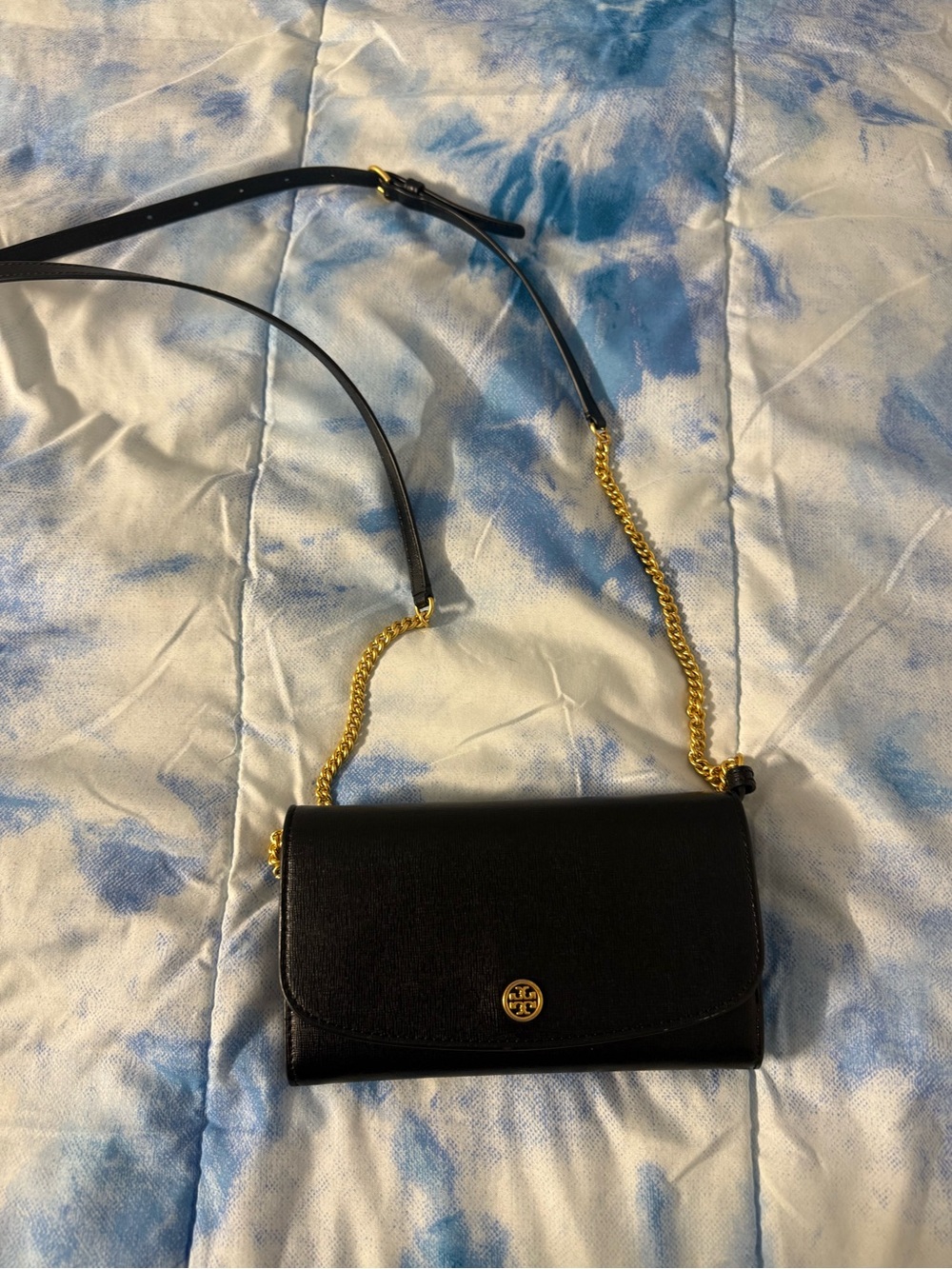 Black Leather Crossbody Wallet with Gold Chain